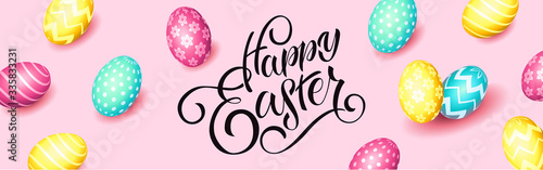 Hand sketched Happy Easter text, sale tag. Hand drawn Easter sale special offer poster, online shopping banner template, lettering typography. Motivational text with egg frame on pink background
