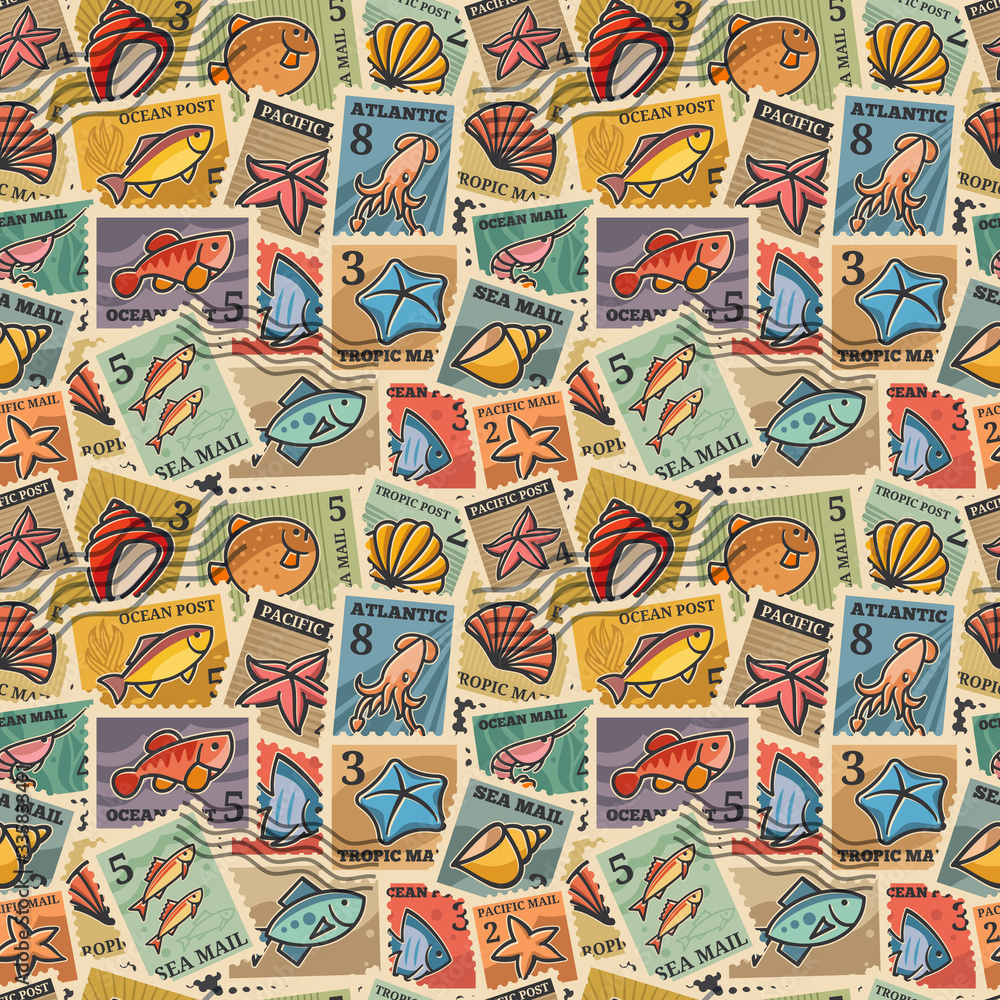 Naklejka premium seamless texture with the image of postage stamps with marine inhabitants