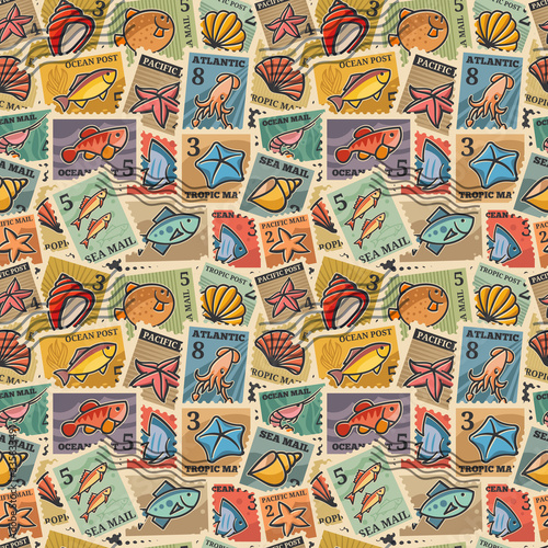 seamless texture with the image of postage stamps with marine inhabitants