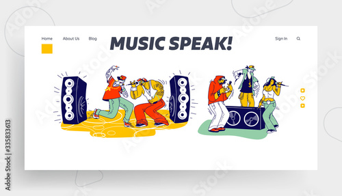 Stylish Characters Modern Musicians Performing on Stage with Rap Music Young Rappers Singing Hip-hop and Dancing on Scene with Sound Equipment Landing Page Template. Linear People Vector Illustration