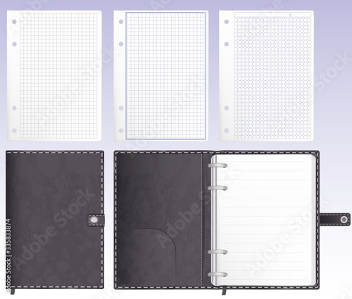 open and closed Notepad organizer in dark gray leather cover. metal rings for pages. three options for lining the sheet in a cage and a circle