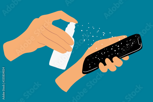 Disinfecting the mobile phone with a disinfectant in the spray, close-up on hands on a colored background. Vector illustration in flat cartoon style