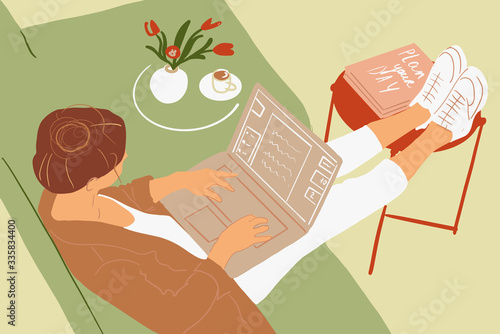 Business woman working online on a laptop from home at cozy atmosphere. Concept of remote work from home. Colorful vector illustration in flat cartoon style