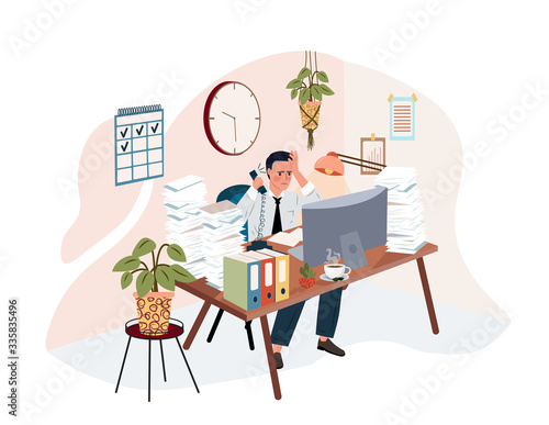 Exhausted, frustrated worker, burnout. Boss shout at employee from phone, deadline. How to relieve stress, acute stress disorder, work related stress concept. Flat vector vector isolated illustration