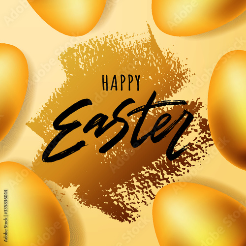 	
Happy Easter hand lettering with gold realistic looking ester eggs. Vector typography. Quote as Pascha logo, promotion, poster, flyer, article, postcard, web-banner, invitation template.