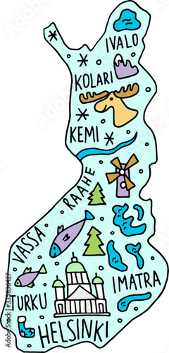 colored Hand drawn doodle Netherland map. Holland city names lettering and cartoon landmarks, tourist attractions cliparts. travel, trip comic infographic poster, banner concept design. Amsterdam,
