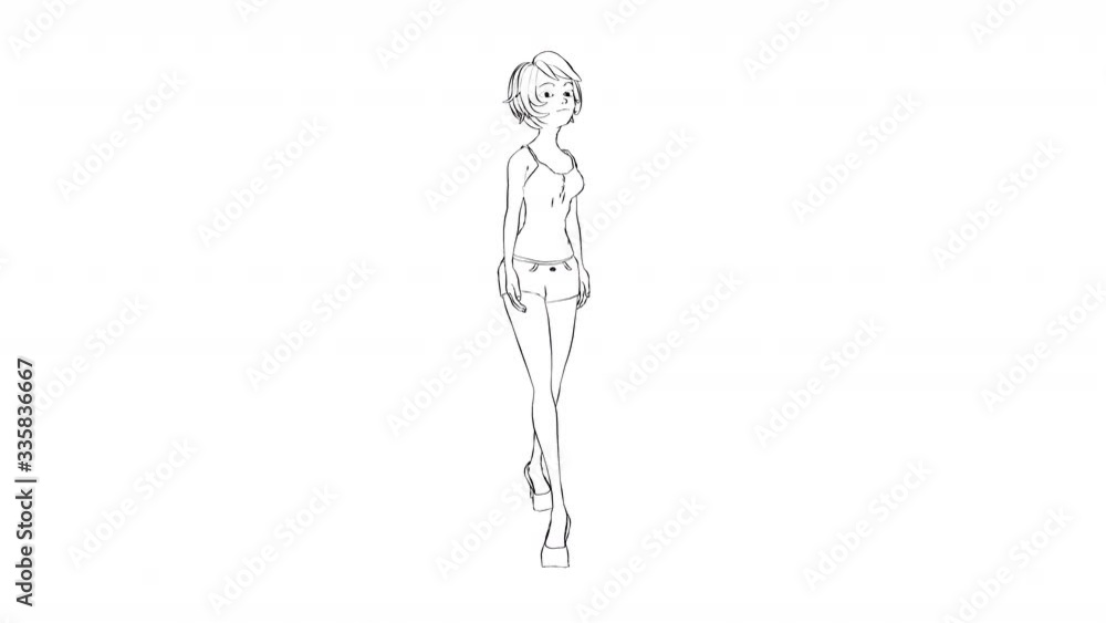 Seamless looping animation cartoon cute, pretty, charming, girl relax walks, smiling and loking around in pencil stile. One color video character. Seamless looping animation cartoon cute, pretty, charming, girl relax walks, smiling and loking around in pencil stile. One color video character.