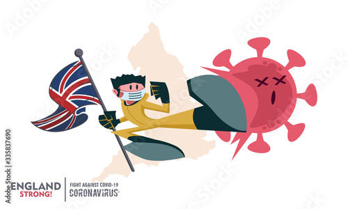 Person with biohazard suit holding national flag fighting coronavirus pandemic or coronavirus outbreake 2019 COVID-19. National map on background. Scalable and editable vector illustration.