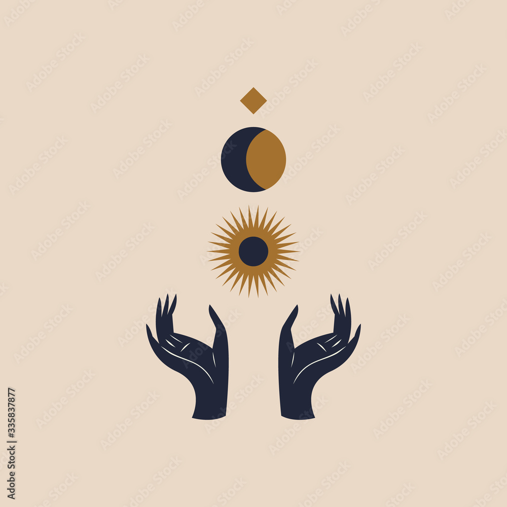 Hands holding Moon and Sun. Sacred geometry. Magic witchcraft concept. Vector illustration. - obrazy, fototapety, plakaty 