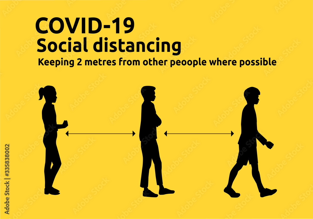 Three people standing distance of 2 meter from other people keep distance protect to stop or slow down the  Coronavirus (COVID-19). vector illustration.