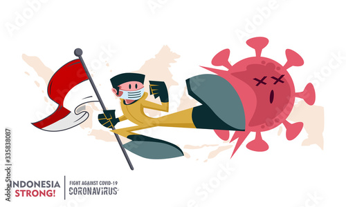 Person with biohazard suit holding national flag fighting coronavirus pandemic or coronavirus outbreake 2019 COVID-19. National map on background. Scalable and editable vector illustration.