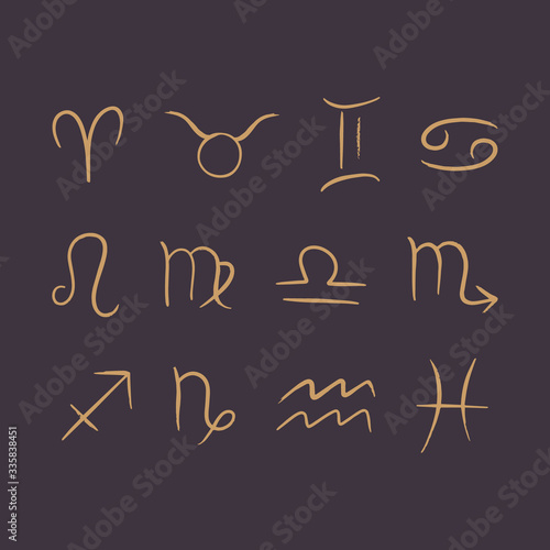 ine art hand drawn Zodiac symbols in vector. Simple minimalist gold signs on dark background.