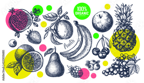 Berries and fruit big set. Hand drawing. Vintage. Black and white. Vector.