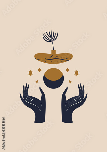 Hands holding Moon and potted plant. Sacred geometry. Magic witchcraft concept. Vector illustration.