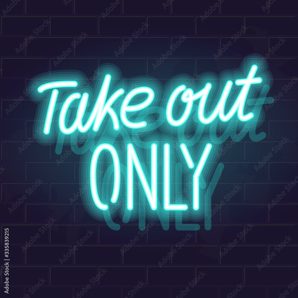 Obraz premium Take out only neon handwritten lettering. Glowing vector motivation typography. Fluorescent letters on dark brick wall background.