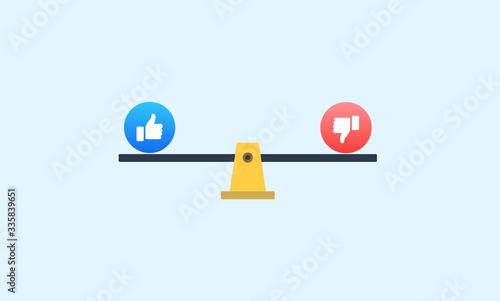 Concept of like vs dislike on a weighing scale. yes or no. Social website campaign. Deciding market needs and strategy