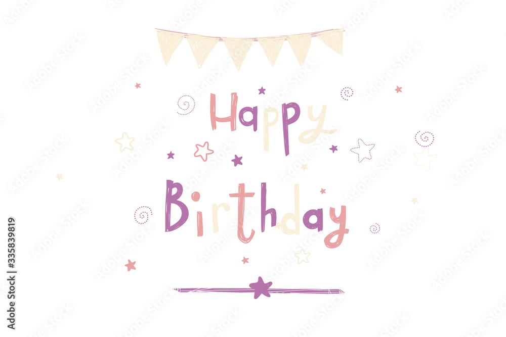 Happy Birthday cartoon illustration Greeting Card Destiny holiday, gentle pastel colors, hand-drawn. With flags and stars.