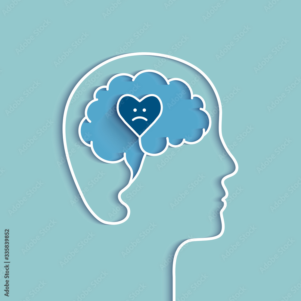 Head and brain outline with sad heart. Sadness, depression, feeling depressed and related negative emotions concept. Vector illustration with blue colors.