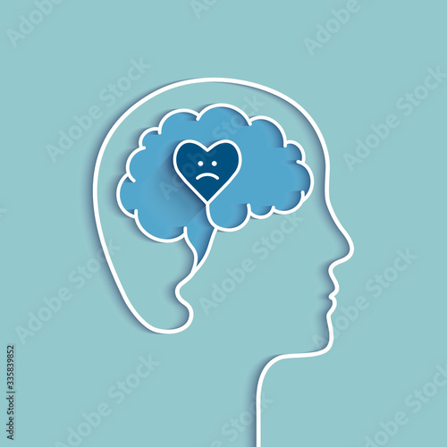 Fototapeta Naklejka Na Ścianę i Meble -  Head and brain outline with sad heart. Sadness, depression, feeling depressed and related negative emotions concept. Vector illustration with blue colors.
