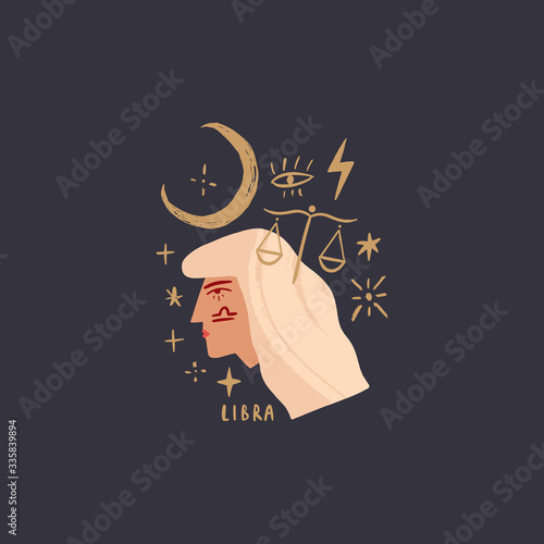 Zodiac girl Libra character. Space head portrait sign. Vector illustration.