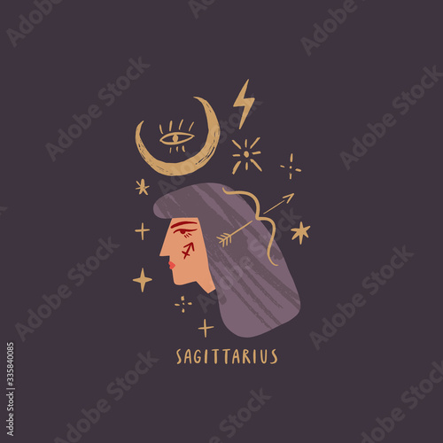 Zodiac girl Sagittarius character. Space head portrait sign. Vector illustration.