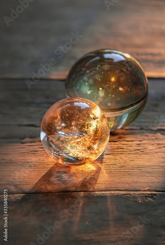 rhinestone quartz ball on wooden background. Crystal Ritual  Witchcraft  Relaxing Chakra concept. close up