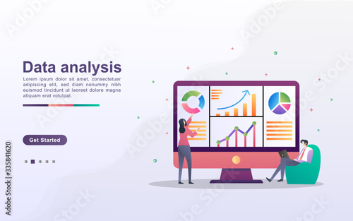 Data analysis concept. People analyze chart movements and business development. Data management, auditing and reporting. Can use for web landing page, banner, flyer, mobile app. Vector Illustration