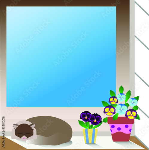 Sleeping cat with pansy flower on windowsill Frame, vector illustration, Place for text