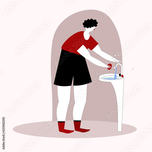 Man washing hands in the sink.Vector illustration in doodle style hand drawn sketch.
