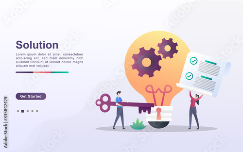 Solution concept. Men and women have solutions for business. Working together to solve the problem. Find business ideas. Can use for web landing page, banner, flyer, mobile app. Vector Illustration