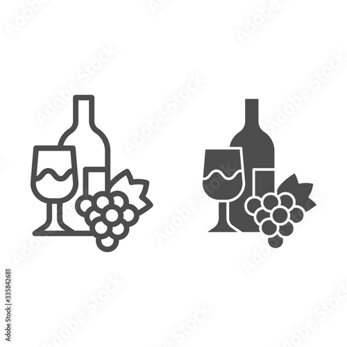 Bottle, wine glass and bunch of grapes line and solid icon. Wine with wineglass and grape outline style pictogram on white background. Winery signs for mobile concept and web design. Vector graphics.