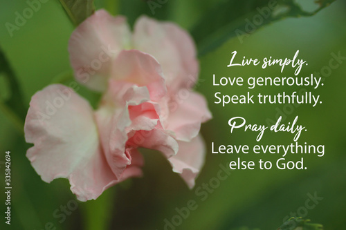 Inspirational quote - Live simply. Love generously. Speak truthfully. Pray daily. Leave everything else to God. With beautiful pink impatiens balsamina flower blossom on blurry green background. photo