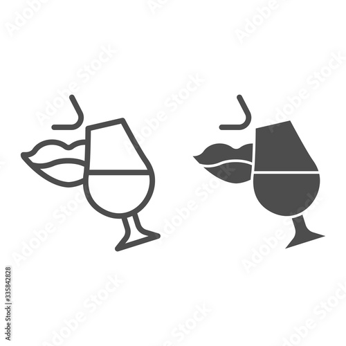 Lady lips and a glass of wine line and solid icon. Woman tasting or drinking wine outline style pictogram on white background. Female gourmet for mobile concept and web design. Vector graphics.