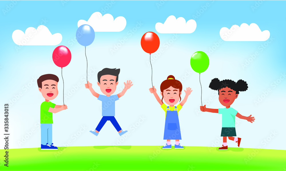 Children with happy faces holding balloons