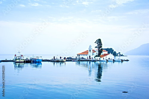 Obraz na płótnie Nice optimistic view of Vlacherna Monastery on the Kanoni peninsula in Kerkyra, Corfu, Greece. popular tourist attractions. amazing places. w salonie