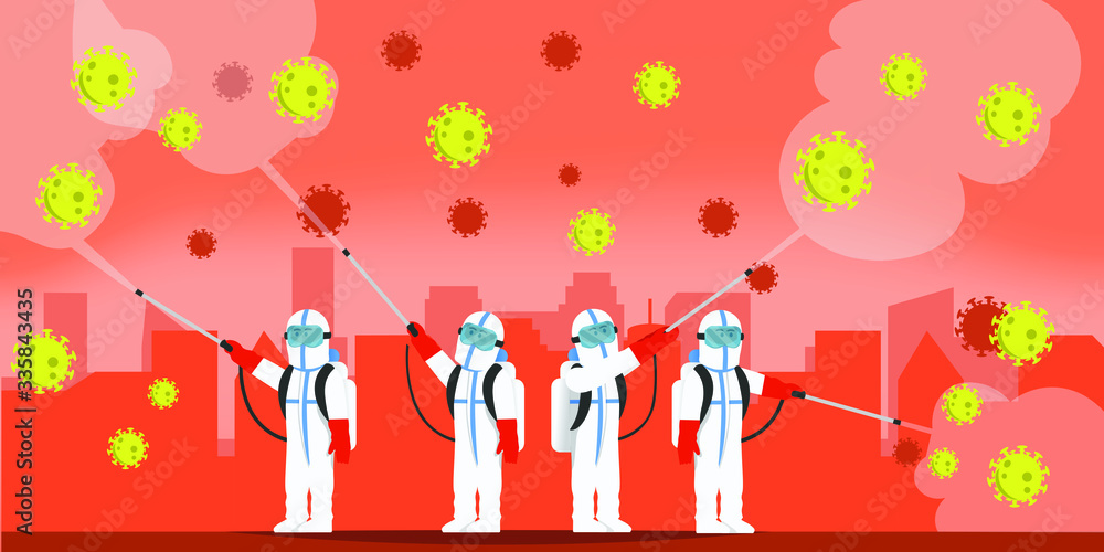The health team in hazmat suit spraying the city with disinfectants The health team in hazmat suit spraying the city with disinfectants