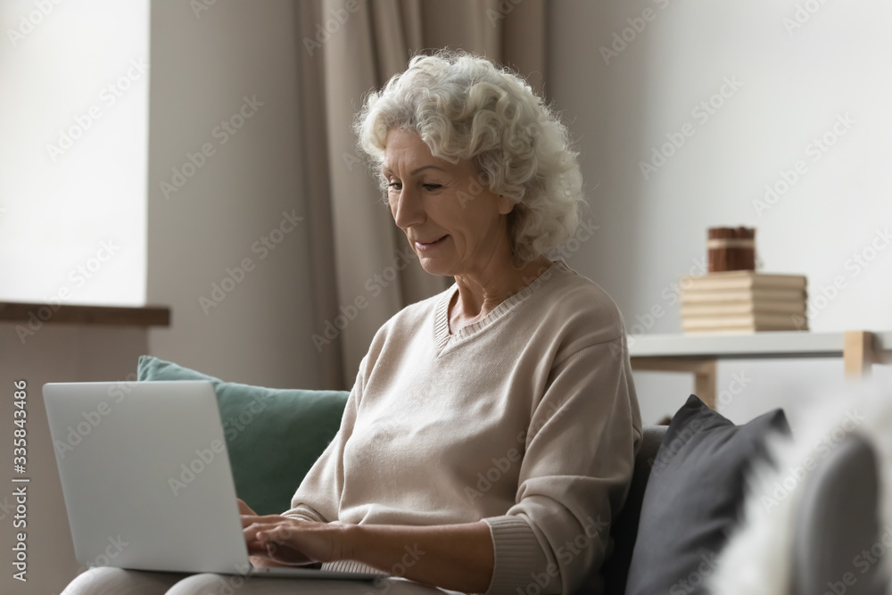 Happy middle aged senior woman sitting on couch, using computer application alone at home. Smiling elderly mature grandmother chatting in social networks with friends or relatives, working online. Happy middle aged senior woman sitting on couch, using computer application alone at home. Smiling elderly mature grandmother chatting in social networks with friends or relatives, working online.