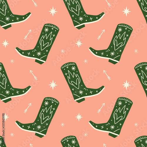 Girl cowboy boots boho seamless pattern in vector.