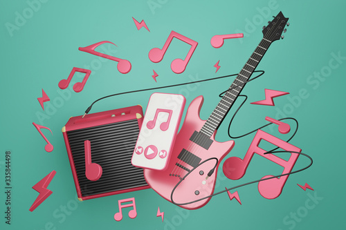 Electronic guitar with Amplifier guitar and smartphone playing music.Melody note float around on green background.3D rendering.