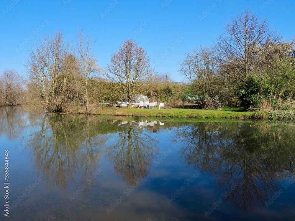 Beautiful cityscape of Grevenbroich Wevelinghoven in Germany with Erft river