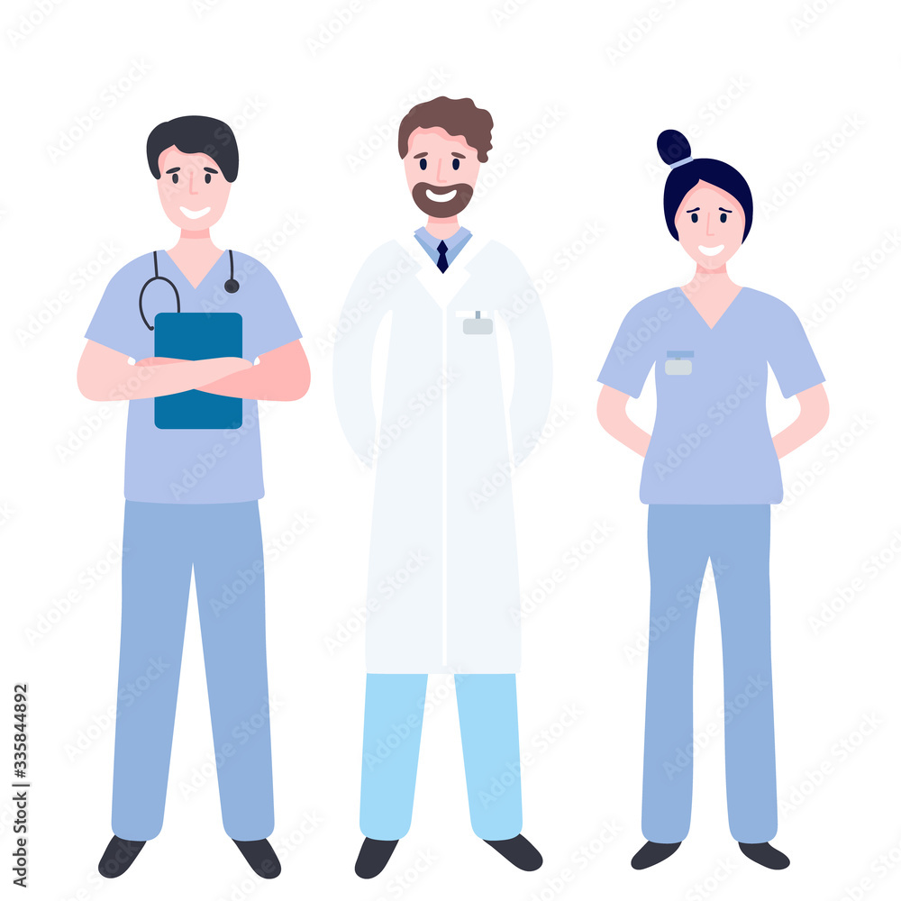 Set of medical workers - doctor, nurse, surgeon, therapist, physician isolated on white. Flat vector illustration with hospital staff. Medical concept to stop coronavirus. Set of medical workers - doctor, nurse, surgeon, therapist, physician isolated on white. Flat vector illustration with hospital staff. Medical concept to stop coronavirus.