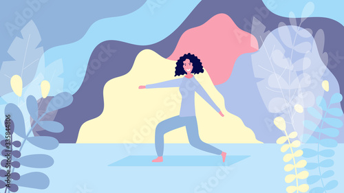 Woman training in sporty clothes on floral colorful background. Female character sport activity. Vector flat horizontal banner. Concept of healthy lifestyle during quarantine or self isolation