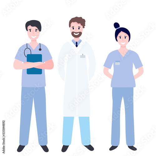 Set of medical workers - doctor, nurse, surgeon, therapist, physician isolated on white. Flat vector illustration with hospital staff. Medical concept to stop coronavirus.