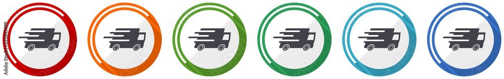 Speed transport icon set, fast delivery, truck flat design vector illustration in 6 colors options for webdesign and mobile applications Speed transport icon set, fast delivery, truck flat design vector illustration in 6 colors options for webdesign and mobile applications