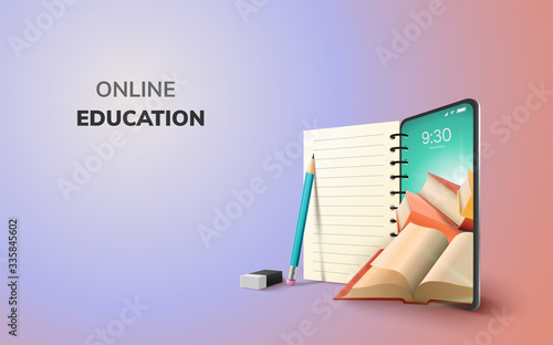 Digital Online Education Application learning world wide on phone, mobile website background. social distance concept. decor by book lecture pencil eraser mobile. 3D vector Illustration - copy space