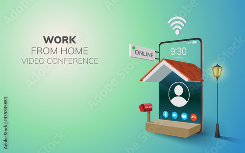 Digital Online Work from home video conference, call on phone, mobile website background. social distance concept. decor by home wifi mobile. 3D vector Illustration. flat design pastel - copy space