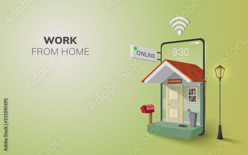 Digital Online Work from home internet Application on phone, mobile website background. social distance concept. decor by home wifi mobile. 3D vector Illustration. flat design pastel - copy space