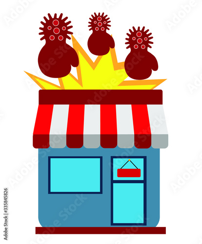 coronavirus in the shape of a boxer gloves is attacking a small shop. The concept of ruining or closing a small business due to a pandemic. Covid-19 virus outbreak. Business risks. Company gone bust.