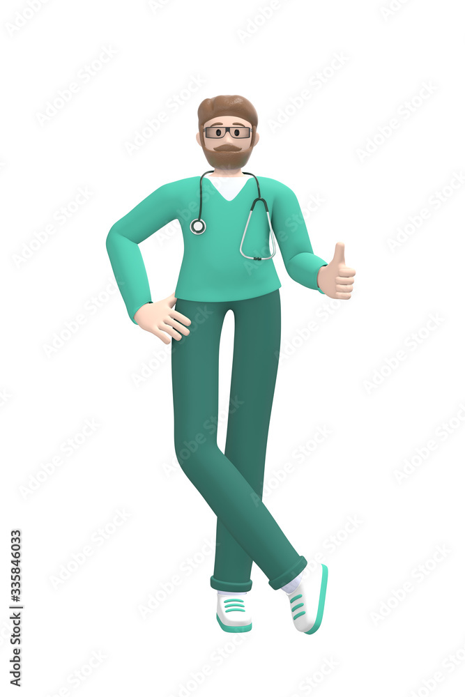 Medical character young white man doctor thumb up. Concept like, good, success. Cartoon person isolated on a white background. 3D rendering. Medical character young white man doctor thumb up. Concept like, good, success. Cartoon person isolated on a white background. 3D rendering.