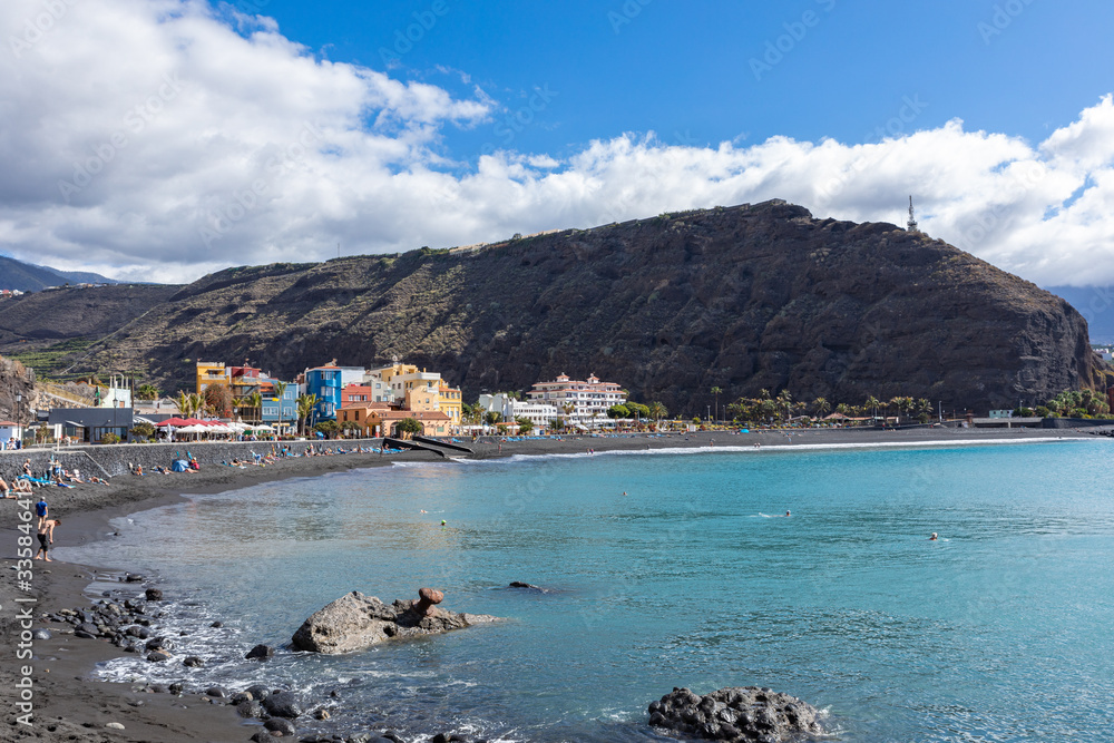 Fototapeta premium Tazacorte beach with black lava sand at La Palma, Canary Island, Spain.
